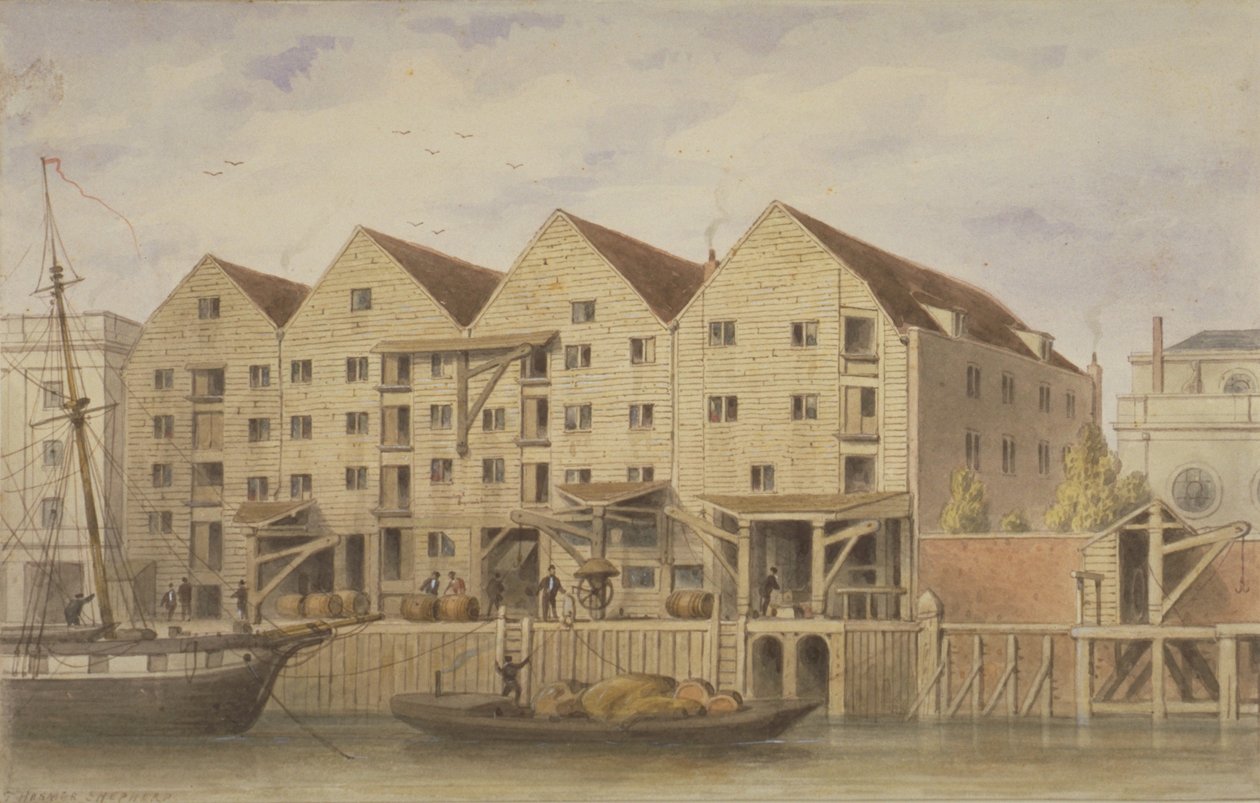 Pohled na Chamberlains Wharf, Tooley Street, 1846 (wc na papíře) od English School