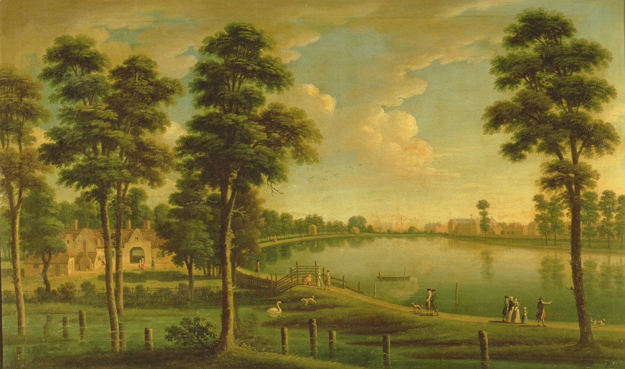Pohled na Chelsea Reservoir and Waterworks, s Westminsterským opatstvím v dálce, kolem roku 1725 od English School