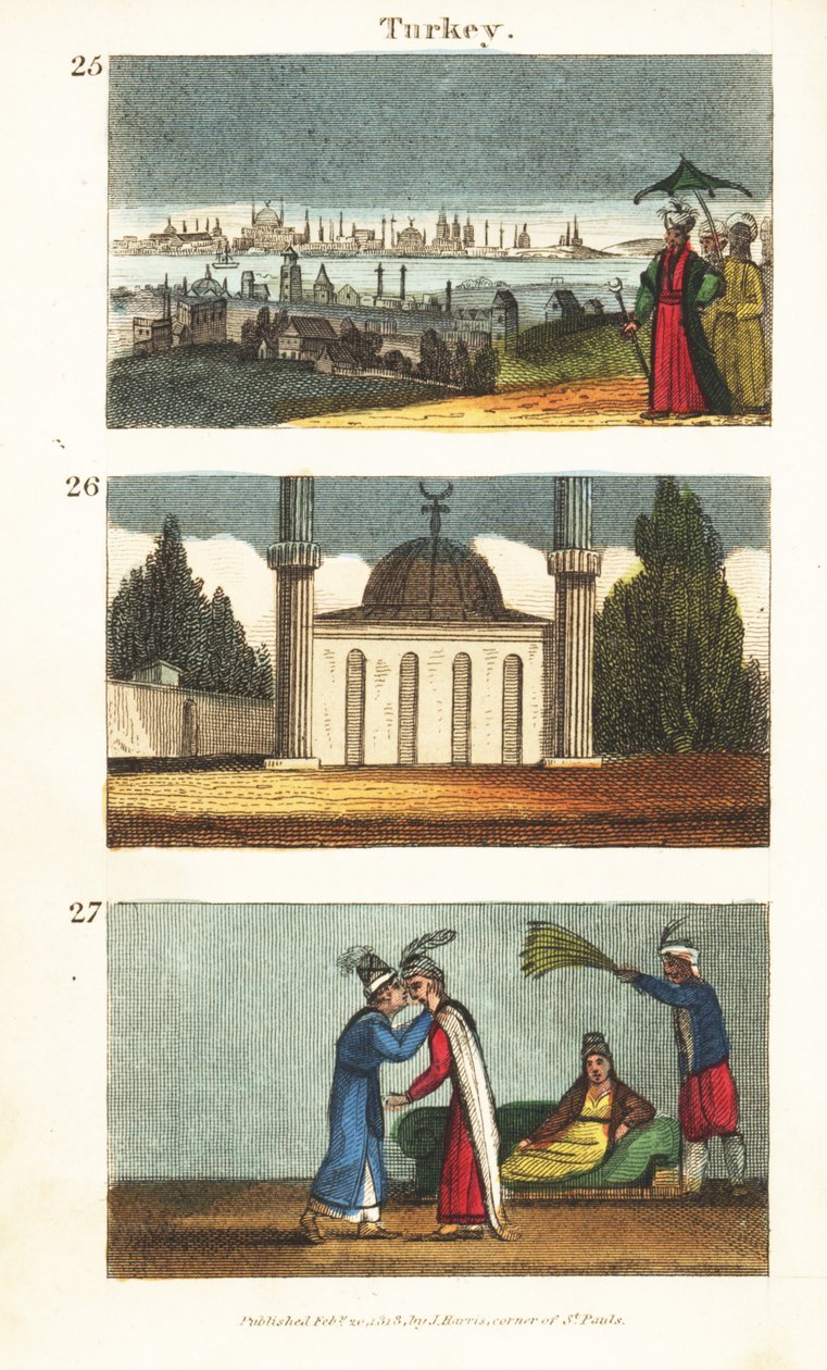 Pohled na Konstantinopol (Istanbul) na počátku 19. století 25, muslimská mešita s kopulí a minarety 26 a mladé řecké ženy líbající se na oči 27 od English School