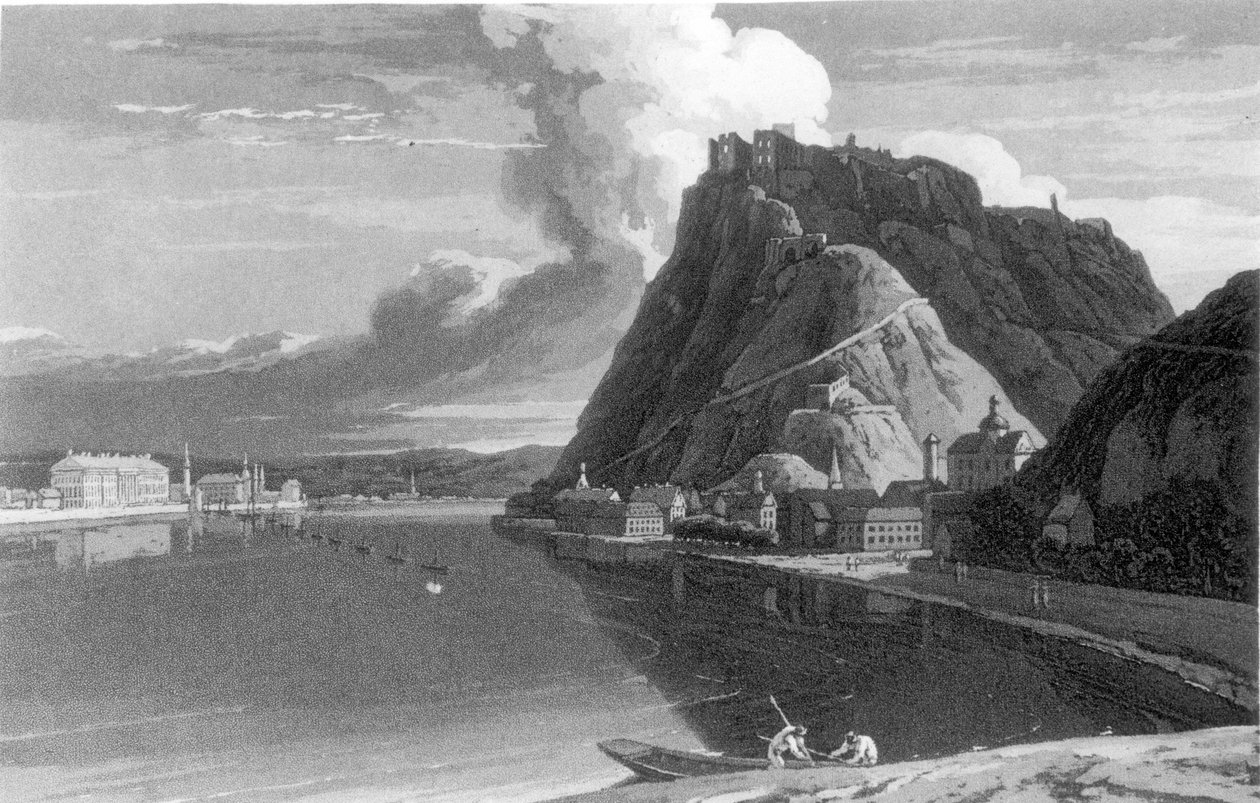 Pohled na Ehrenbreitstein a Coblenz, z Prohlídka Holandska, podél pravého a levého břehu Rýna na jih Německa od Sira Johna Carra, vydáno 1807 od English School