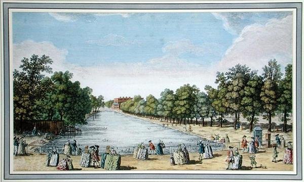 Pohled na formální zahrady s jezerem, pravděpodobně Long Water v Hampton Court (barevné lito) od English School