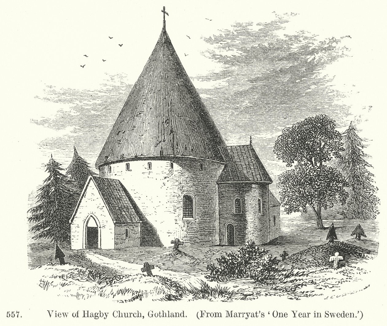 Pohled na kostel Hagby, Gothland (rytina) od English School