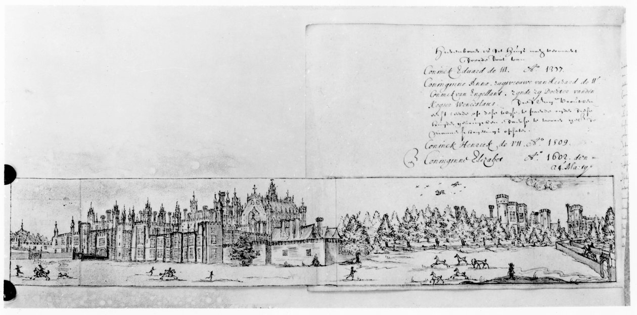 Pohled na palác Hampton Court (pero a inkoust) od English School