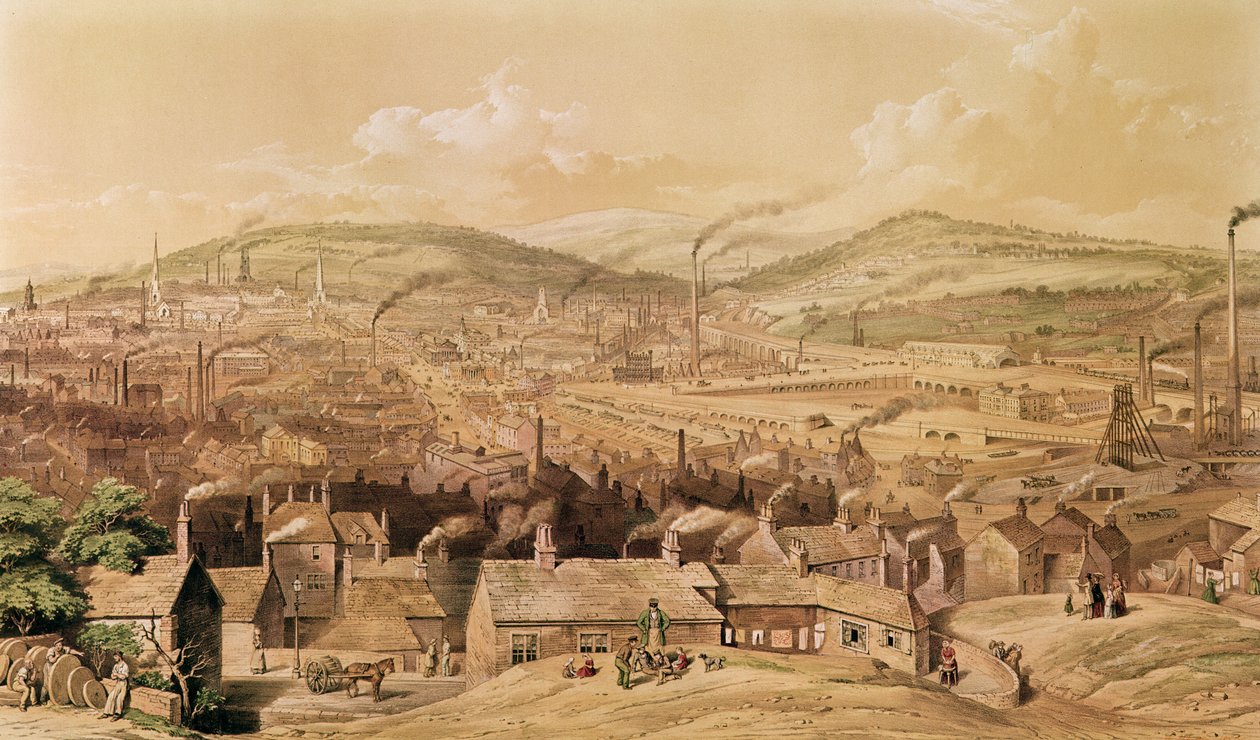Pohled na průmyslový Sheffield z jihovýchodu od Williama Ibbita, 1854 od English School