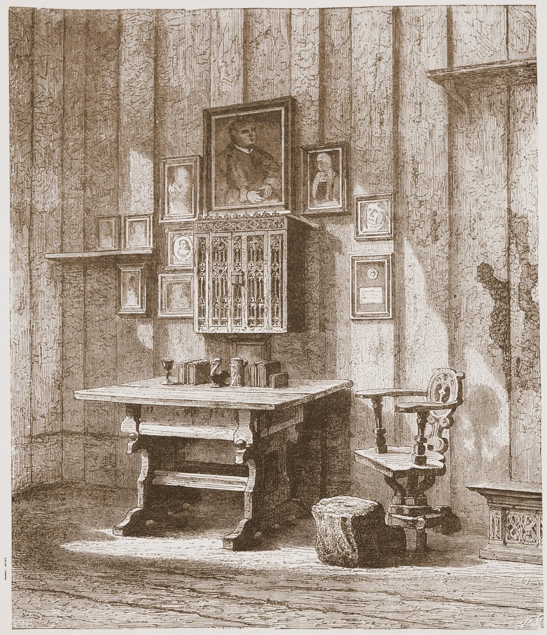 Pohled na Lutherův pokoj ve Wartburgu, zobrazující inkoustovou skvrnu na zdi, ilustrace z Historie protestantismu od Jamese Aitkena Wylie (1808-1890), hospoda. 1878 od English School