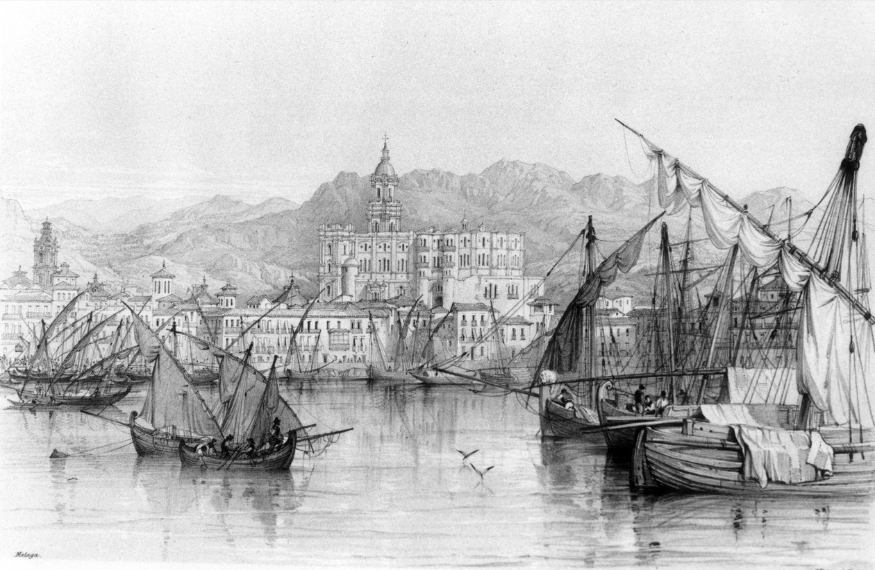 Pohled na Malagu, ze španělské scenérie od George Vivian, publikoval 1838 od English School