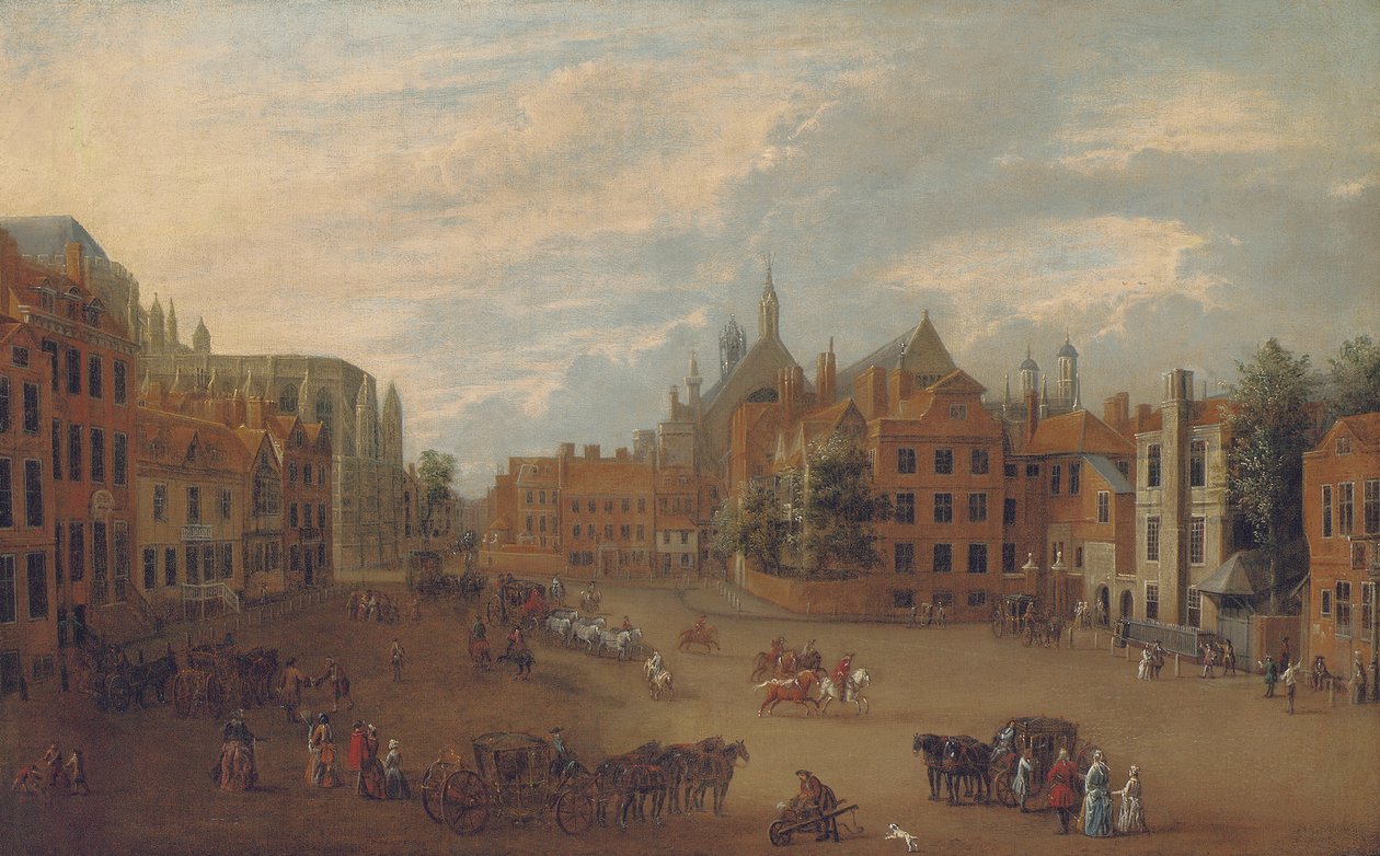 Pohled na Old Palace Yard, Westminster, s východním koncem Westminsterského opatství a kaplí krále Jindřicha VII nalevo, kolem roku 1700 od English School