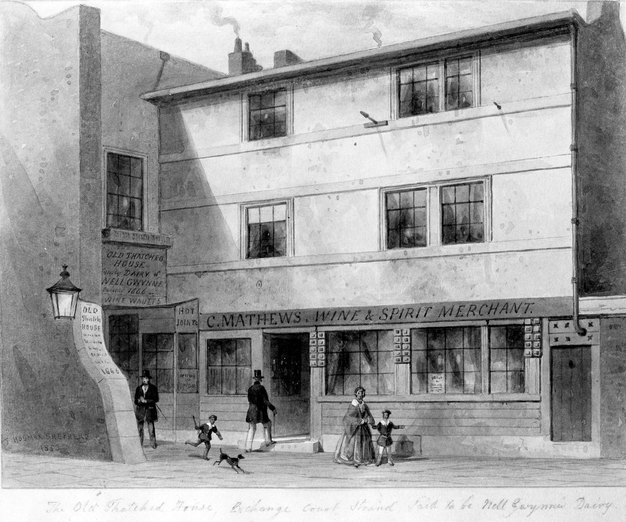 Pohled na Old Thatched House, Exchange Court, 1853 od English School
