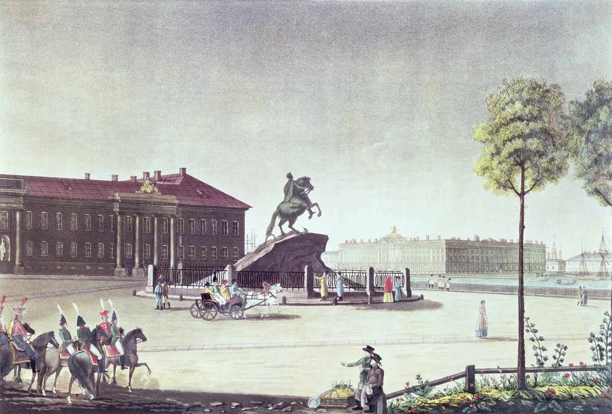 Pohled na náměstí svatého Petra Velikého a Senát Petrohrad, vydal Boyer, Londýn 1815 (barevné lito) od English School