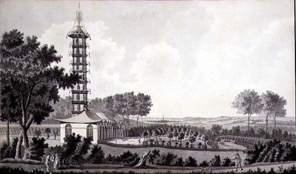 Pohled na holandskou zahradu s čínskou pagodou, cca 1770 (pero a inkoust s akvarelem na papíře) od English School