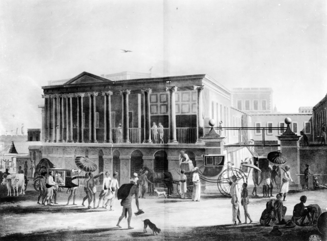Pohled na dům, manufakturu a bazar v Kalkatě, vyrytý Francis Jukes, 1795 (akvatinta) od English School