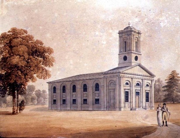 Pohled na klasicistní kostel v parku, cca 1790 (akvarel na papíře) od English School