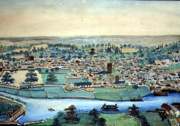 Pohled na město a řeku, cca 1830 (akvarel na papíře) od English School