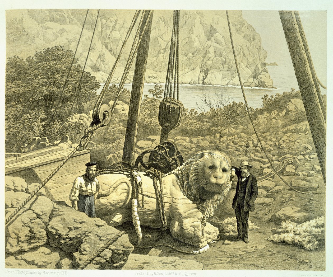 Pohled na vychovaného kolosálního lva, z Historie objevů v Halikarnassu, Cnidu a Branchidae, od Charlese Thomase Newtona (1816-94), publikováno 1862 od English School