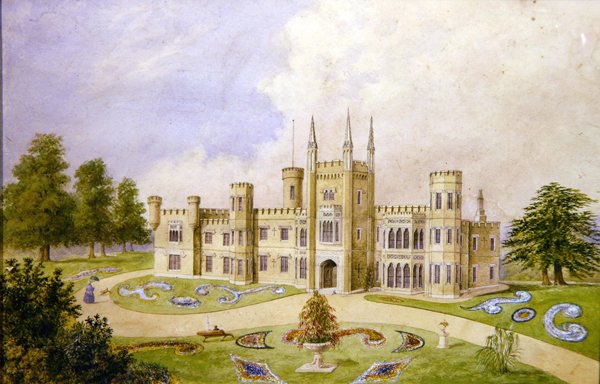 Pohled na gotický venkovský dům s formální zahradou, cca 1840 (akvarel na papíře) od English School