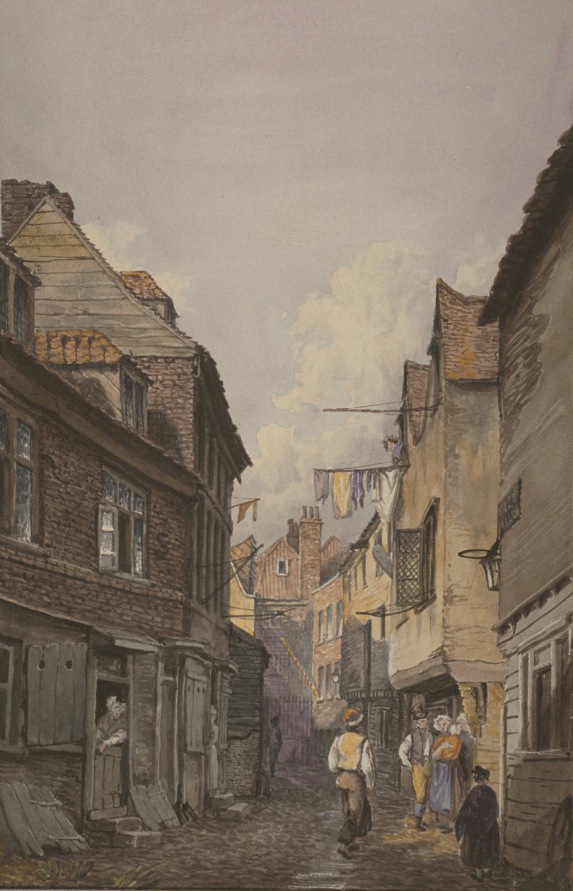 Pohled na postavy v Glean Alley, Bermondsey, cca 1825 (wc na papíře) od English School