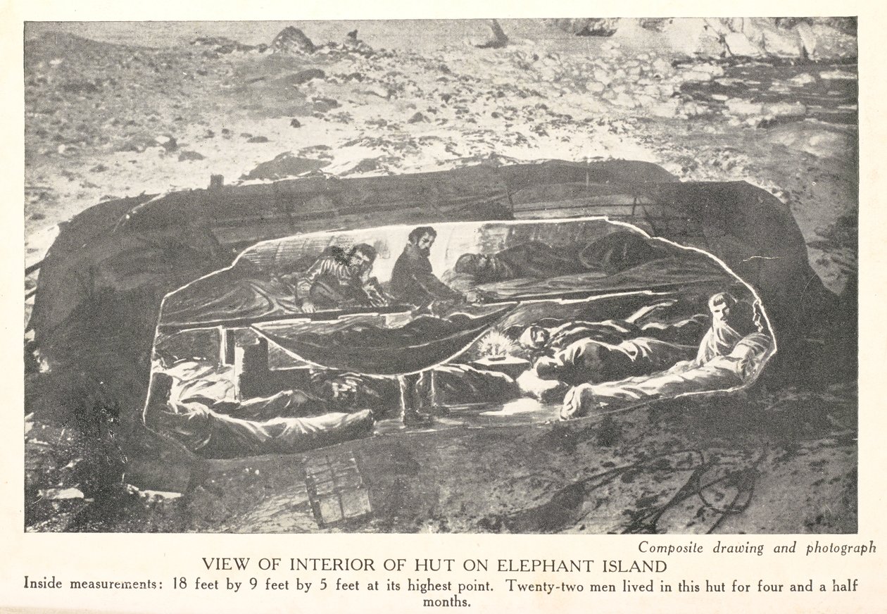 Pohled do interiéru chýše na Elephant Island, z „Jih: příběh expedice 1914-1917“, od Sir Ernest Shackleton od English School