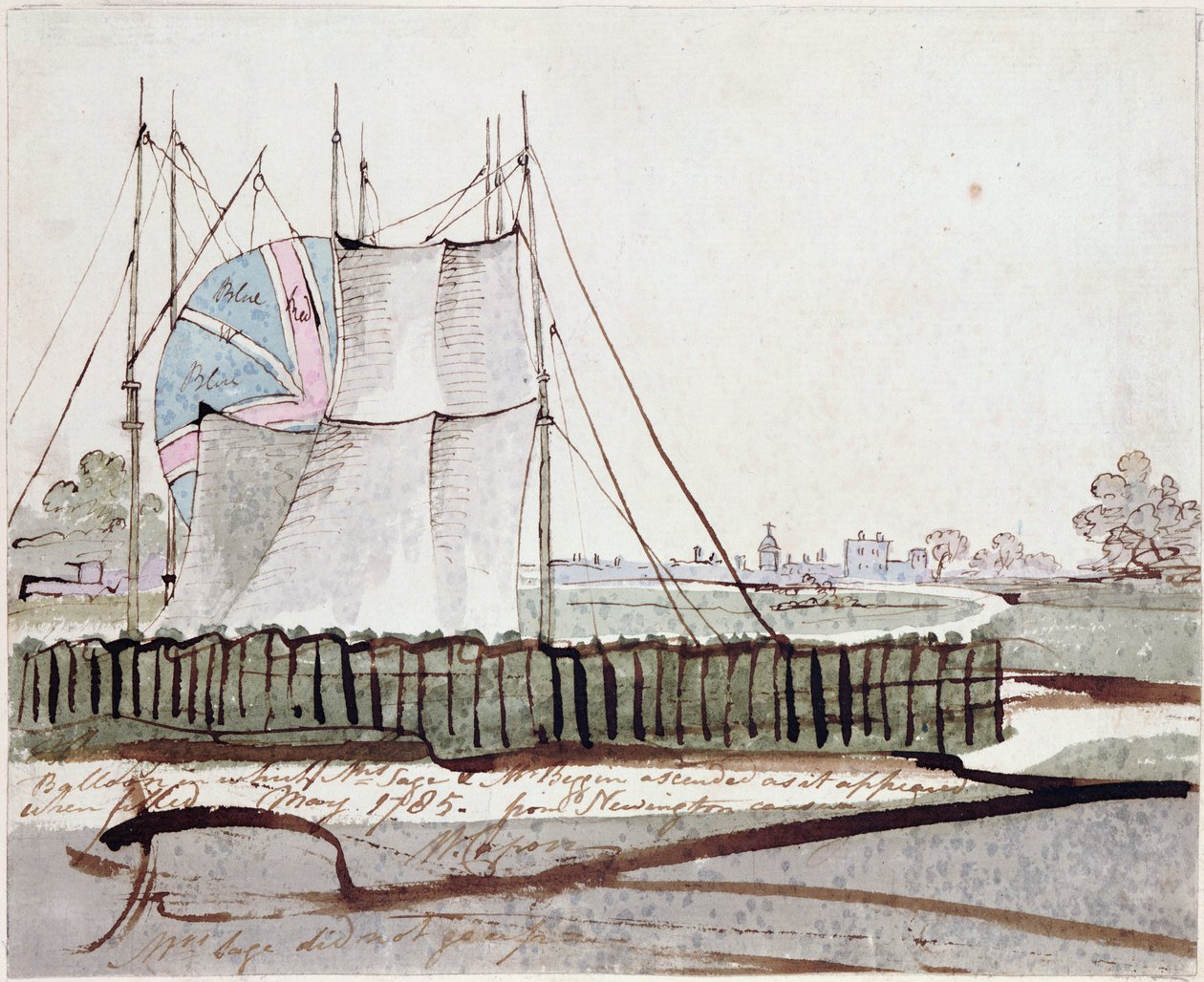 Pohled na balón v Newington Causeway, květen 1785 (inkoust a wc na papíře) od English School
