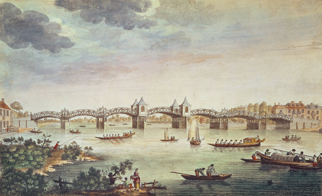 Pohled na most přes Temži v Hampton Court, vyrytý Johnem Bowlesem (fl. 1724-56) od English School