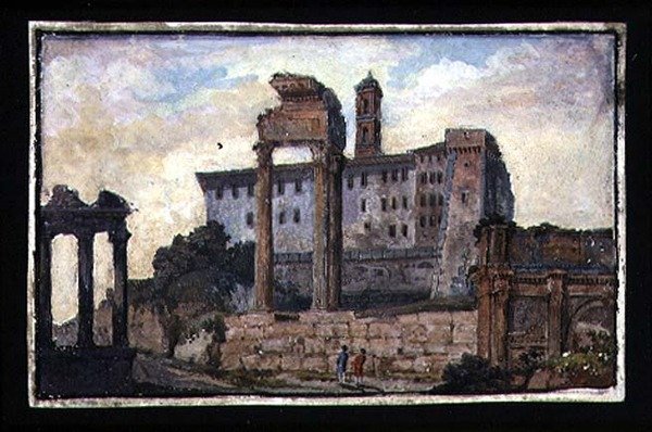 Pohled na Kapitol a chrámy Castor a Pollux, Řím, cca 1800 (kvaš na papíře) od English School