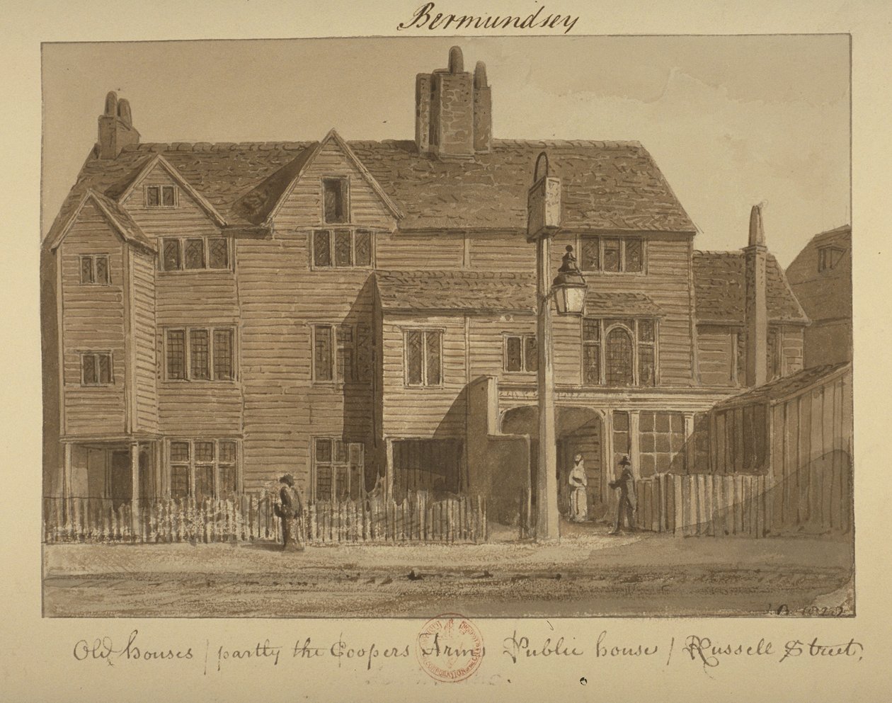 Pohled na Coopers Arms Inn, Russell Street, 1828 (umýt na papíře) od English School