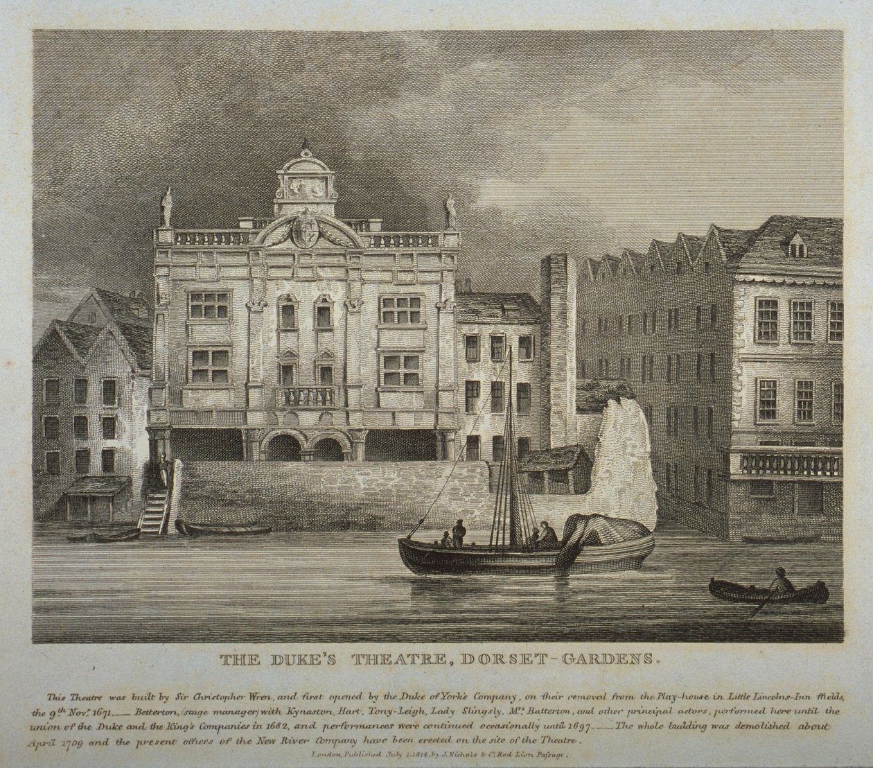 Pohled na divadlo Dukes, Dorset Gardens, od řeky Temže, 1814 od English School