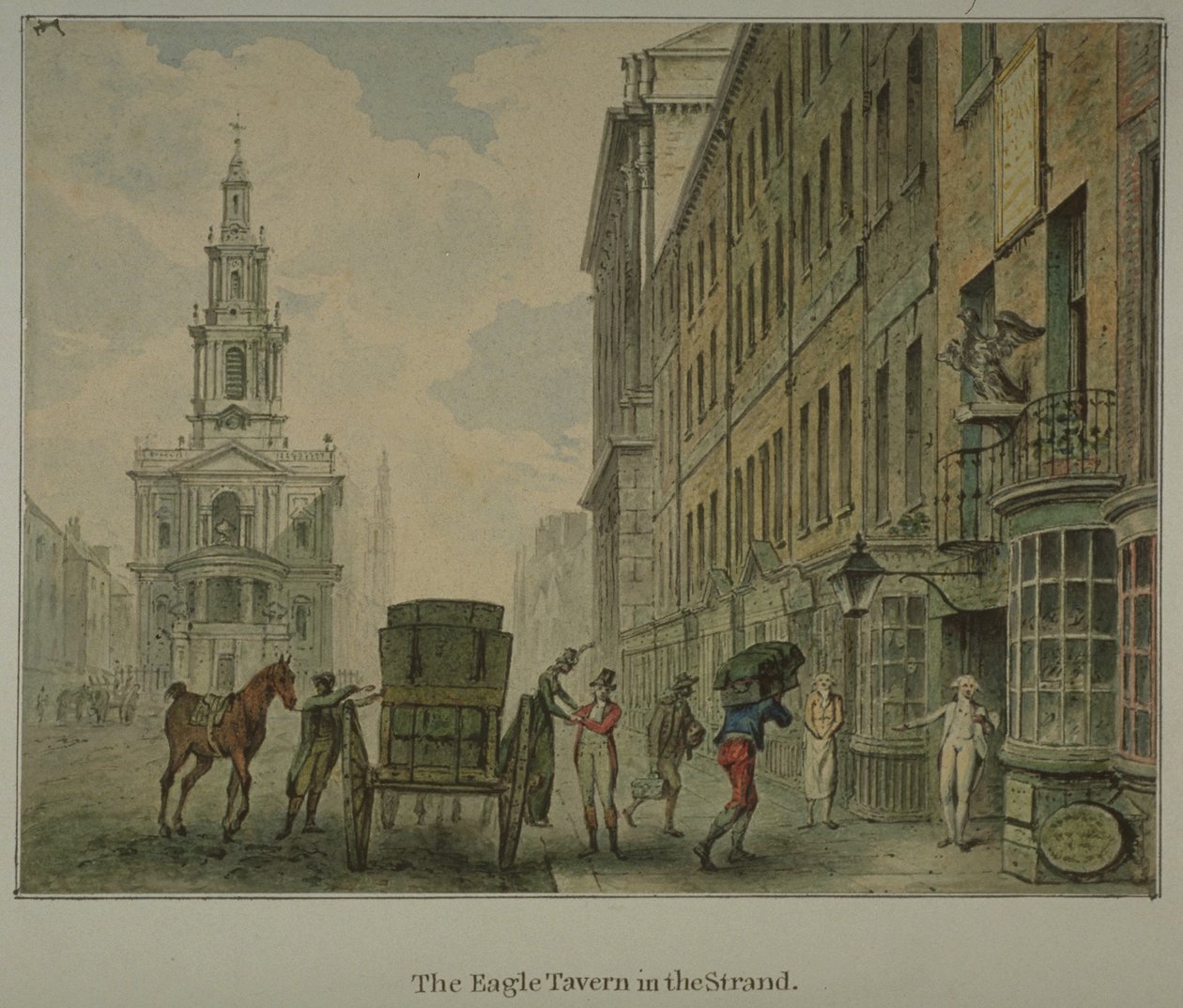 Pohled na Eagle Tavern v Strand, Westminster, s mužem vykládajícím produkty z koňského povozu na silnici a St Mary le Strand v dálce, cca 1800 (akvarel na papíře) od English School