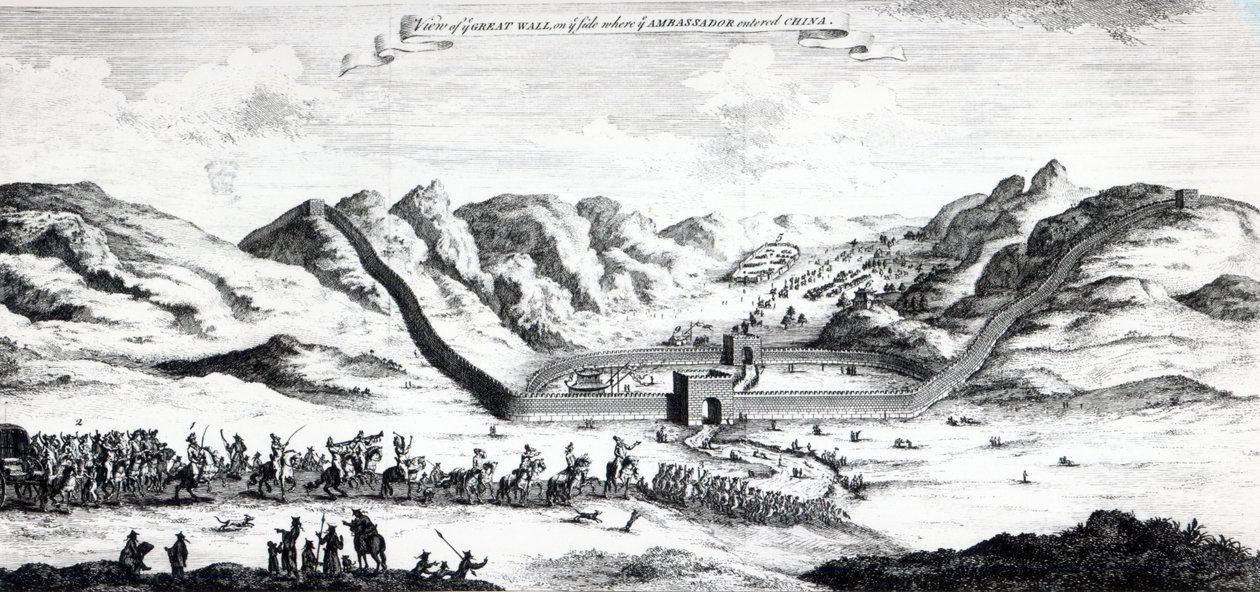 Pohled na Velkou čínskou zeď na straně, kde velvyslanec vstoupil do Číny, ze sbírky "A Collection of Voyages and Travels" od Johna Harrise, 1748. od English School
