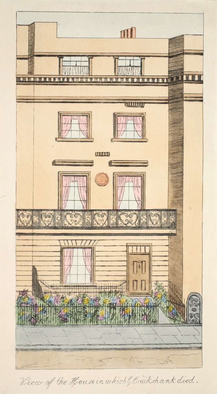 Pohled na dům, ve kterém zemřel George Cruikshank, hospoda. c.1878 (ručně kolorovaná rytina) od English School