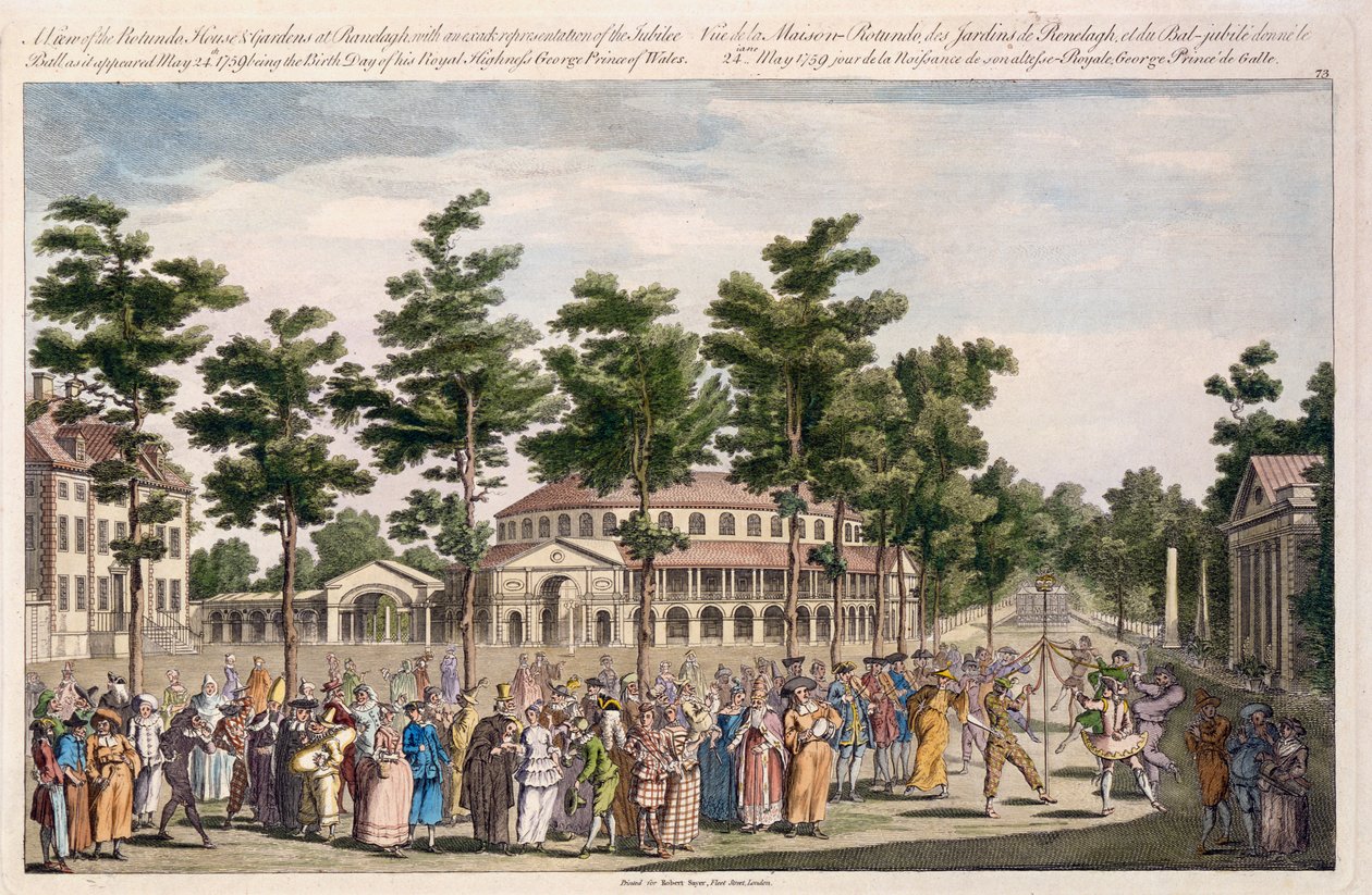 Pohled na Jubilejní ples, Ranelagh Gardens, na oslavu narozenin George, prince z Walesu, 24. května 1759 (ručně kolorovaná rytina) od English School
