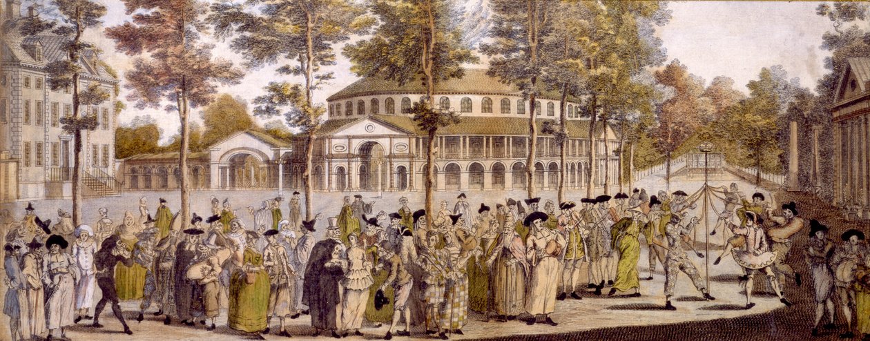 Pohled na Jubilejní ples, Ranelagh Gardens, na oslavu narozenin George, prince z Walesu, 24. května 1759 (ručně kolorovaná rytina) od English School