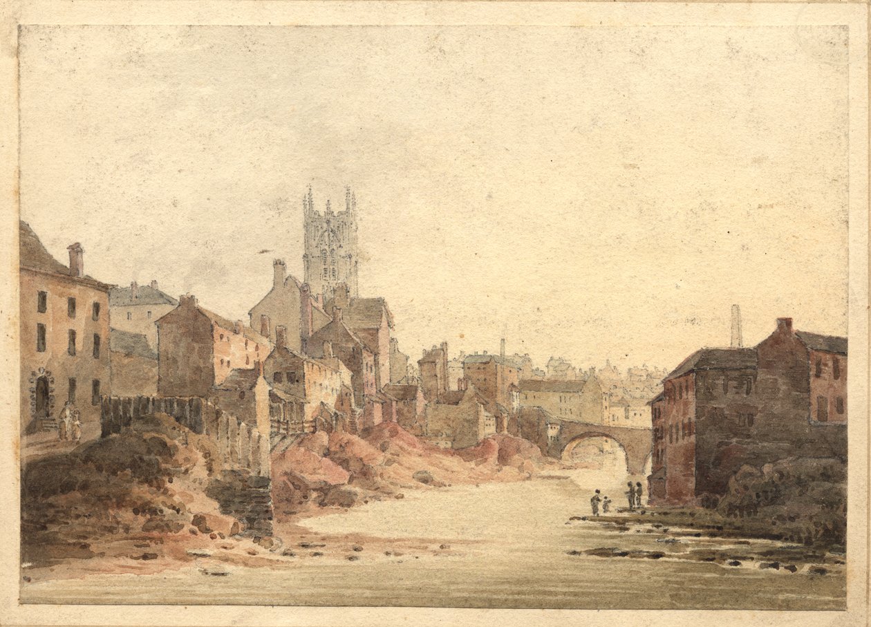Pohled na řeku Irwell, Manchester, cca 1820-30 (wc na papíře) od English School