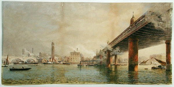 Pohled na jižní břeh Temže mezi Waterloo a Hungerford Bridges, cca 1870 (akvarel na papíře) od English School