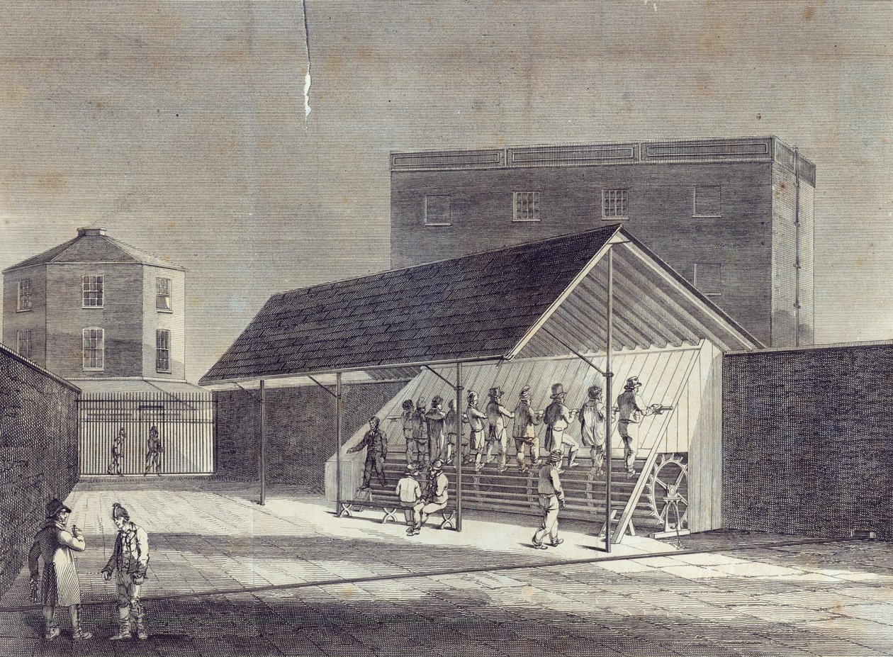 Pohled na běhoun pro zaměstnávání vězňů, postavený v House of Correction v Brixtonu, vydal Gent. Mag., červenec 1822 od English School