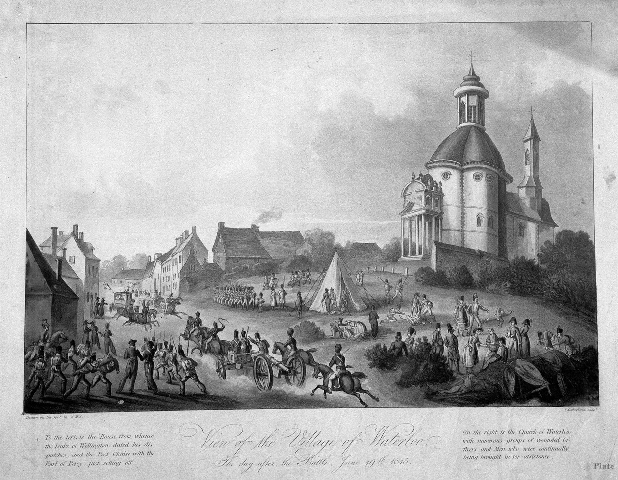 Pohled na vesnici Waterloo den po bitvě, 19. června 1815, 1816 (barevná akvatinta) od English School