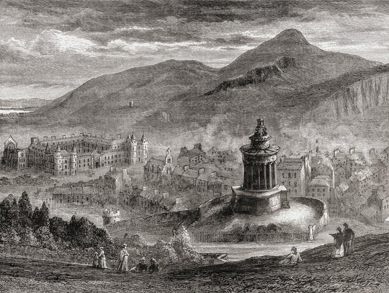 Pohled na Edinburgh z památníku Burns na Calton Hill, z „Skotských obrázků kreslených perem a tužkou“, od Samuela G. Greena, vydané v roce 1886 od English School