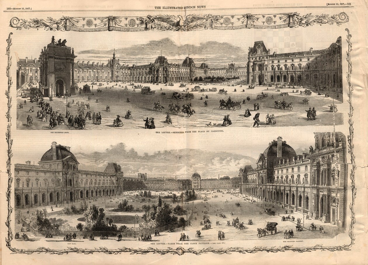 Pohledy na Cour Carree du Louvre v Paříži. Rytina v „Ilustrovaných londýnských zprávách“ z 15. srpna 1857. od English School