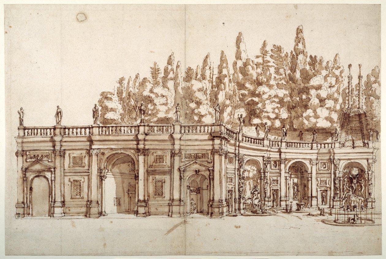 Villa Aldobrandini ve Frascati (pero a hnědý inkoust na papíře) od English School