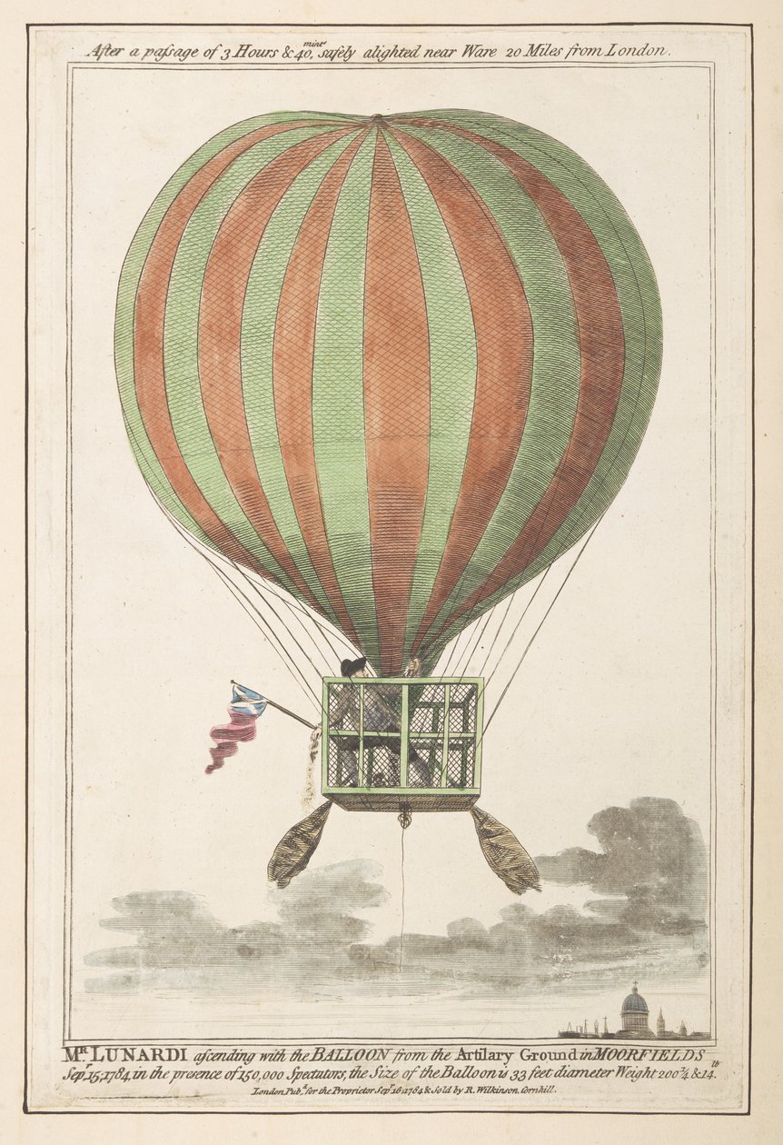 Vincent Lunardi ve vzduchu po svém výstupu z Moorfields, září 1784 (barevná rytina) od English School