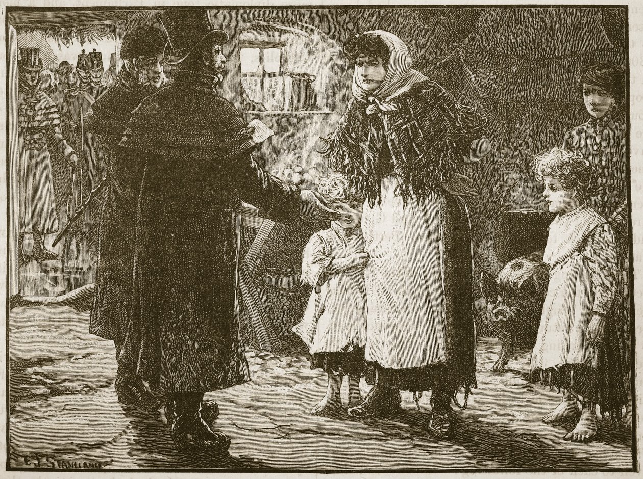 Návštěva desátkového prokurátora, Irsko, 1832, ilustrace z Cassells Illustrated History of England (sépiová fotografie) od English School
