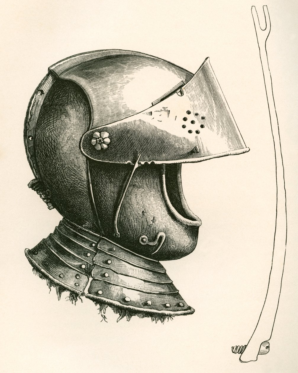 Přilba s hledím z roku 1643. Část na straně je podpěra hledí v plné velikosti, která se používá k udržení hledí v různých úhlech podle použitého zářezu, z knihy The British Army: Its Origins, Progress and Equipment, vydané v roce 1868. od English School