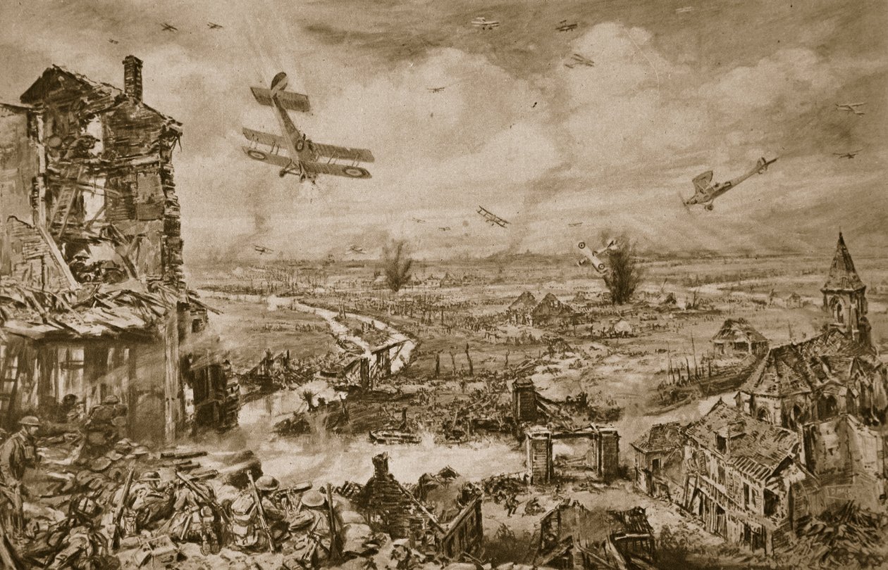 Živý dojem ze strašlivých bojů o Armentieres v dubnu 1918, 1918-19 od English School
