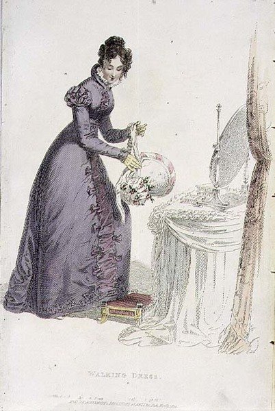 Vycházkové šaty, módní štítek z Ackermannova uměleckého repozitáře, pub. 1822 (rytina) od English School
