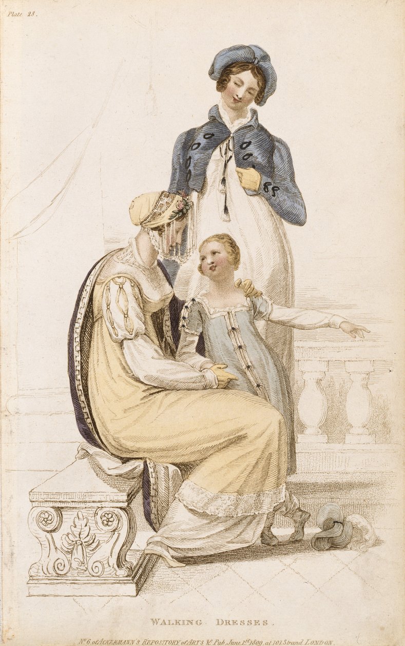 Vycházkové šaty, módní deska z Ackermanns Repository of Arts, hospoda. 1. června 1809 od English School