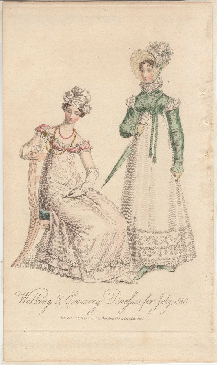 Vycházkové a večerní šaty na červenec 1818, 1818 od English School