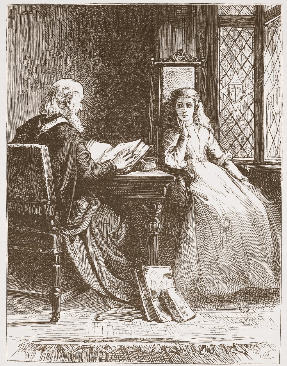 Walter Capel čte Písmo své dceři, ilustrace z Historie protestantismu od Jamese Aitkena Wylie (1808-1890), hospoda. 1878 od English School