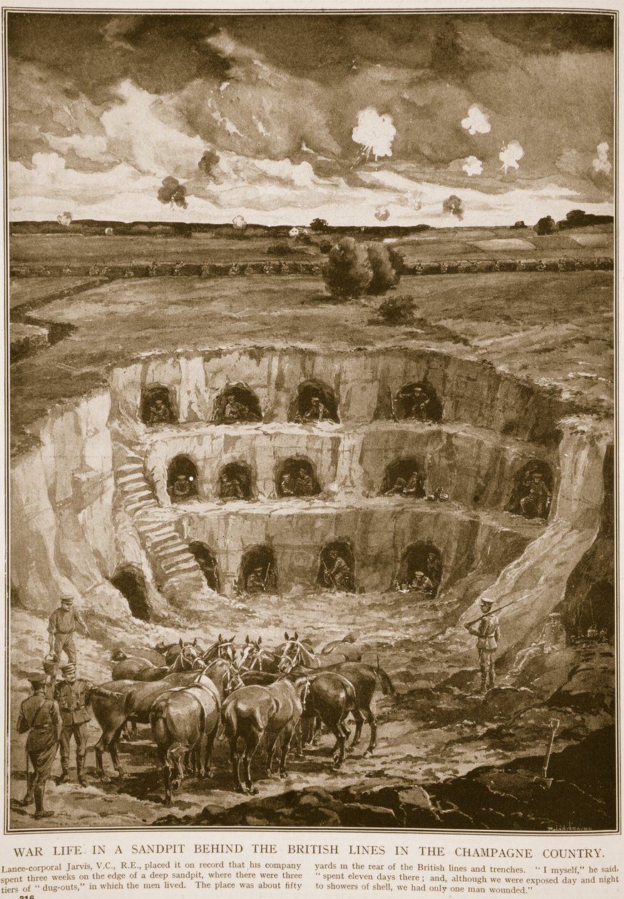Válečný život v pískovně za britskými liniemi v Champagne, 1914-19 od English School