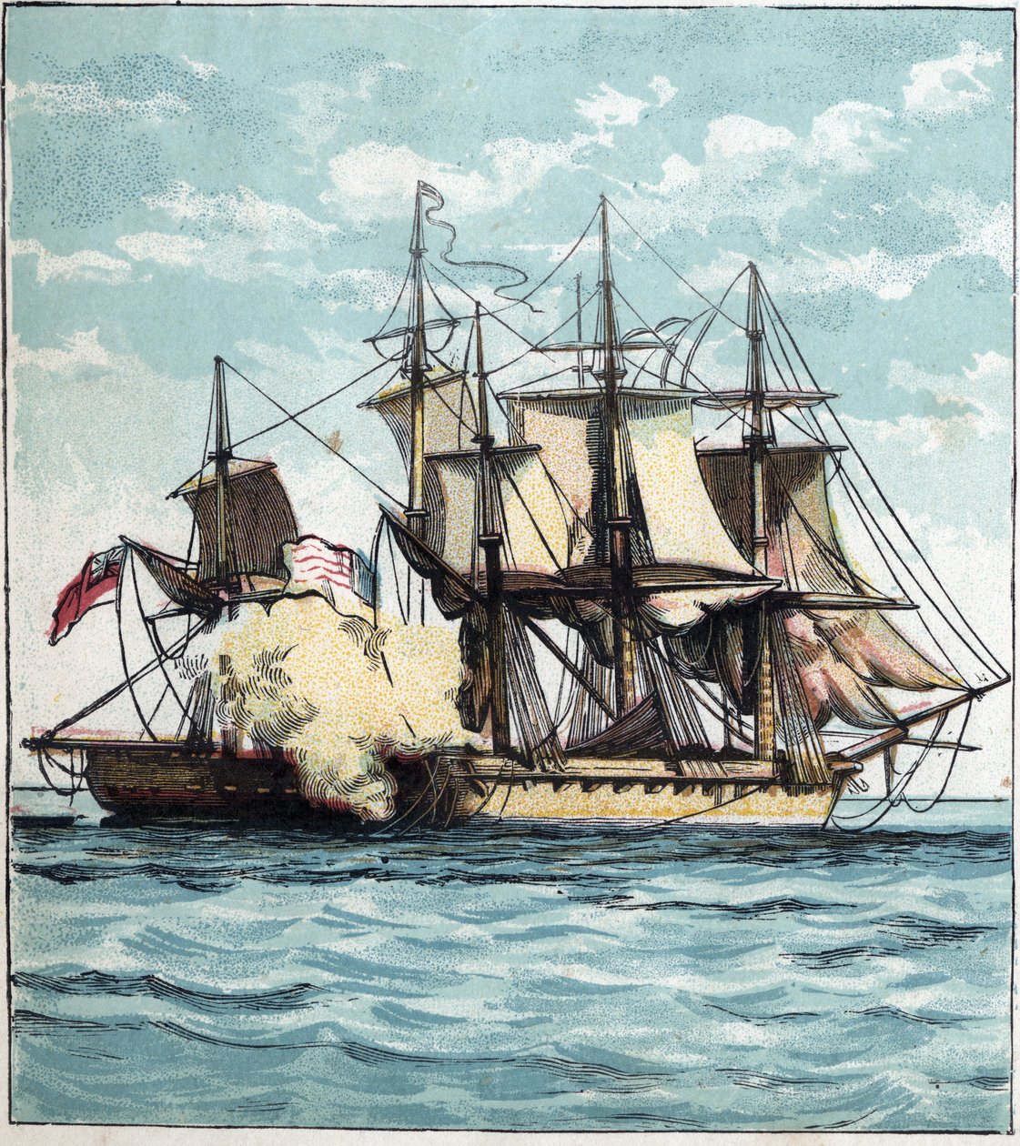 Válka roku 1812 mezi Spojenými státy a Velkou Británií: Fregata Chesapeake během námořní bitvy proti britské fregatě „Shannon““ 1. června 1813 u Bostonu. "Chesapeake a Shannon" od English School