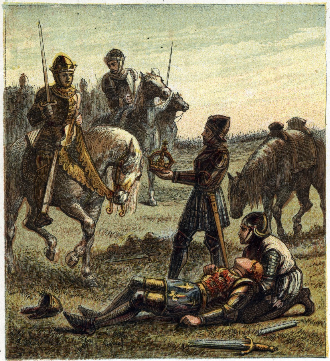 Válka dvou růží: smrt krále Richarda III. (1452-1485) během bitvy na Bosworthském poli, která mezi 22.8.1485 Richardem III. a Henrim, vévodou z Richmondu. Ten získal korunu krále dechu a stal se Jindřichem VII. známým jako Jindřich Tudor od English School
