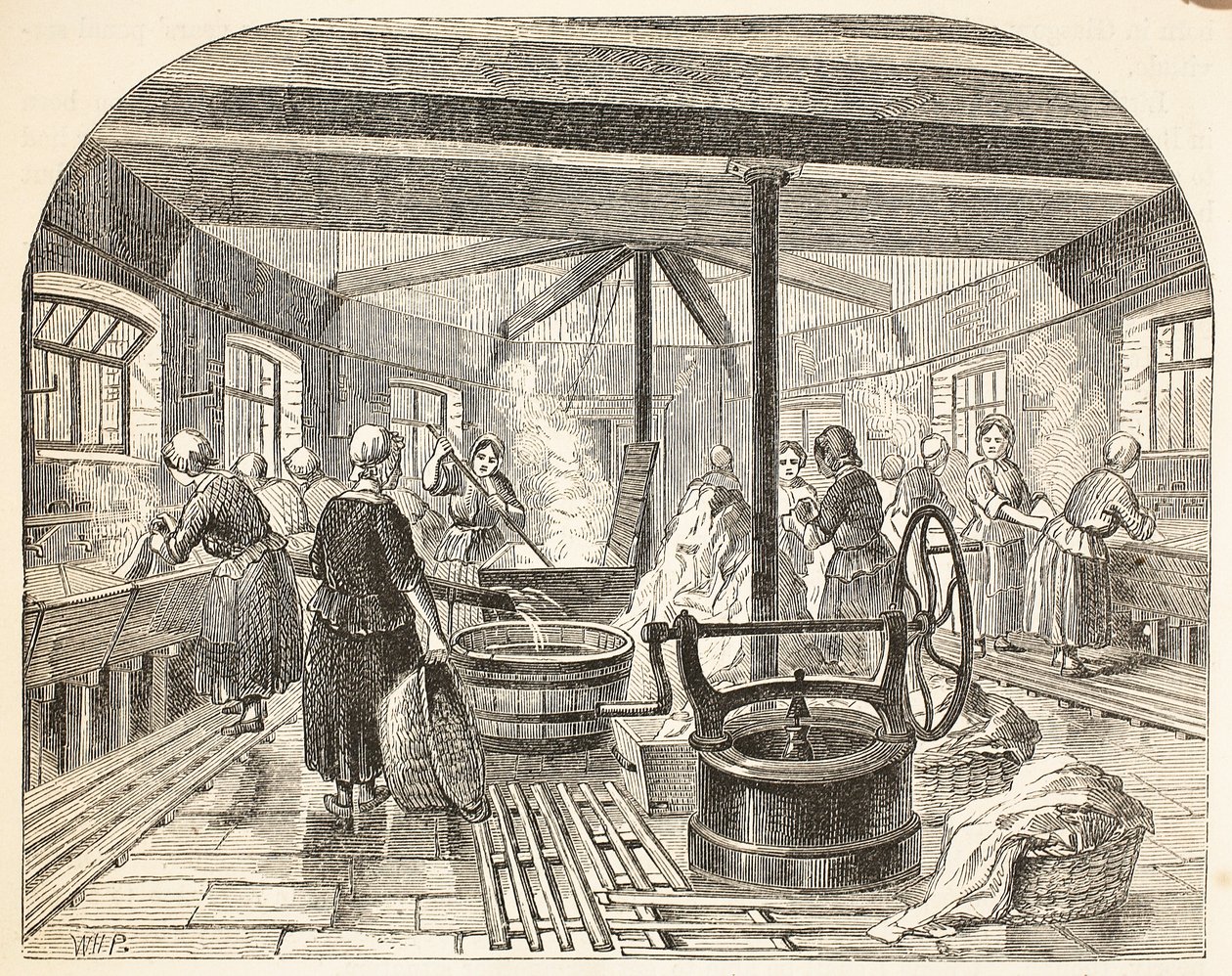 Mycí dům ve věznici Brixton, ilustrace z knihy The Criminal Prisons of London and Scenes from Prison Life od Henryho Mayhewa a Johna Binnyho, vyd. 1862 od English School